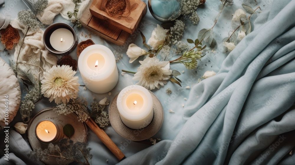 a couple of candles sitting on top of a bed next to a vase of flowers and a box of matches. a couple of candles sitting on top of a bed next to a vase of flowers and a box of matches.