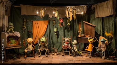  a group of stuffed animals sitting next to each other on top of a wooden table in front of a green curtain.