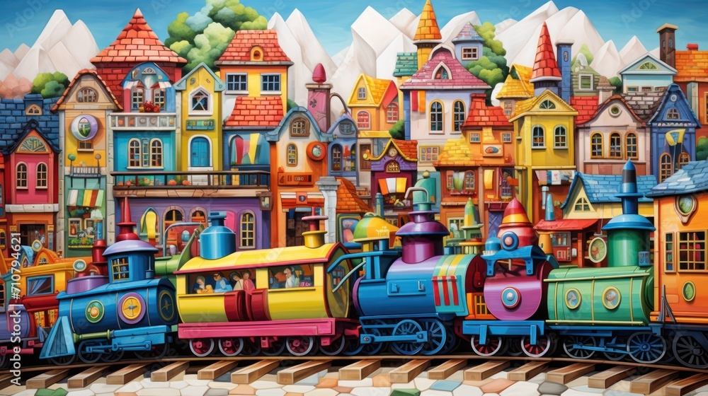 a painting of a colorful train on a train track in front of a city with buildings and a clock tower. a painting of a colorful train on a train track in front of a city with buildings and a clock tower.