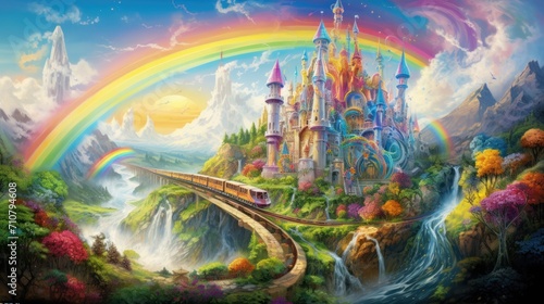  a painting of a castle on a hill with a rainbow in the sky and a train coming down the track.