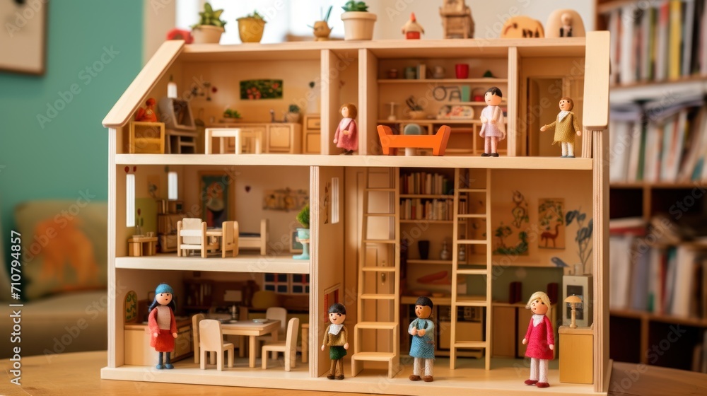  a doll house with people inside of it on a table in front of a bookshelf filled with books.