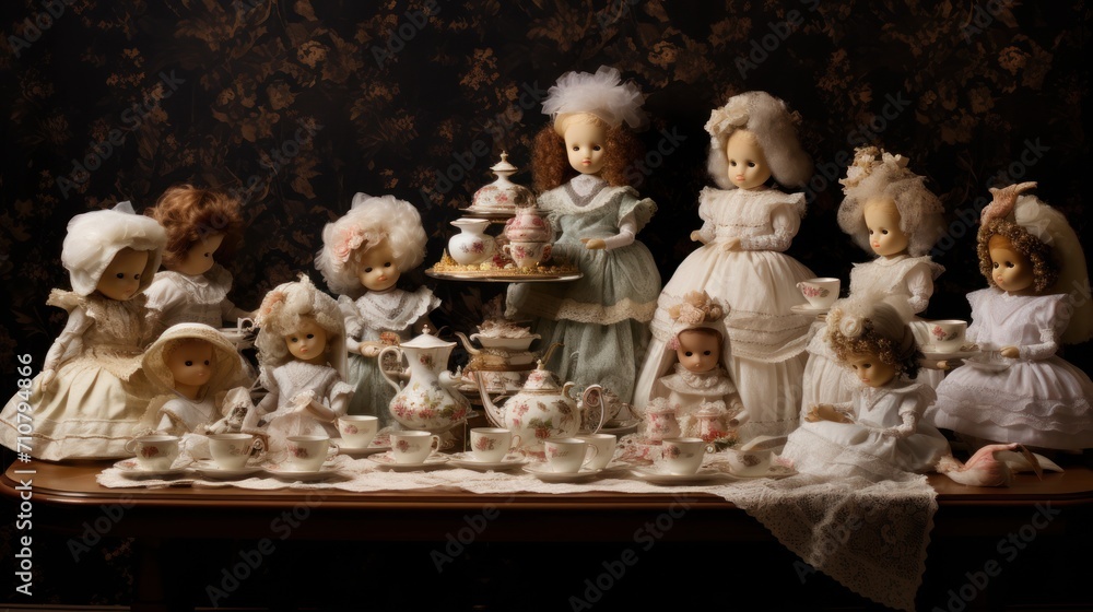  a table topped with lots of doll figurines sitting on top of a table covered in tea cups and saucers.
