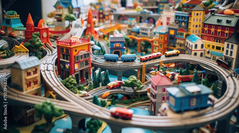  a close up of a toy town with a train on the tracks and a lot of cars on the road. - obrazy, fototapety, plakaty 