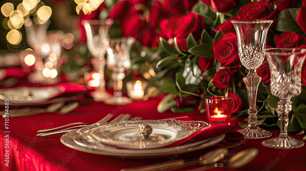 A romantic dinner scene for Valentine's, red velvet tablecloth, elegant silverware, crystal glasses and red rose arrangements. 
