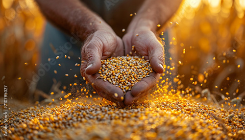 close-up grains of corn with farmer´s hands