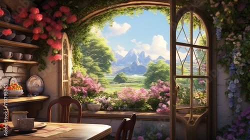  a painting of a window with a view of a mountain range and flowers on the outside and a table with chairs in front of it.