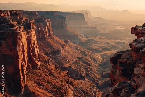 A majestic canyon at sunrise with neon terracotta veins in the rock formations and cliffs, photo