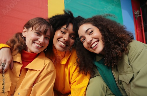 A vibrant portrait of three friends, smiling brightly against a colorful backdrop, symbolizing unity and LGBTQ+ pride.