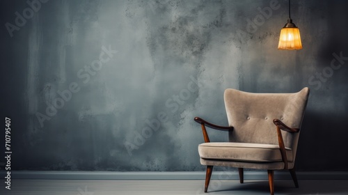  a chair sitting in front of a gray wall with a light hanging from it's side and a lamp on top of it. photo