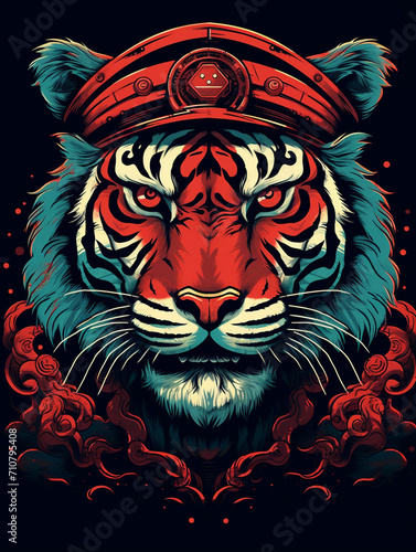 Wallpaper Mural t-shirt design, sailor (tiger) digital artwork in the style of dark cyan and red created with Generative Ai Torontodigital.ca