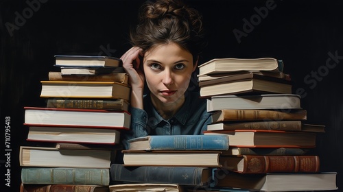  a painting of a woman leaning on a stack of books with her head resting on the top of a stack of books.