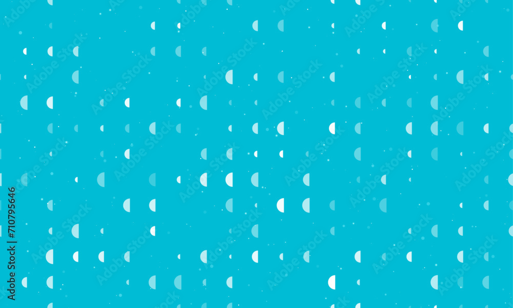 Seamless background pattern of evenly spaced white semicircle symbols of different sizes and opacity. Vector illustration on cyan background with stars