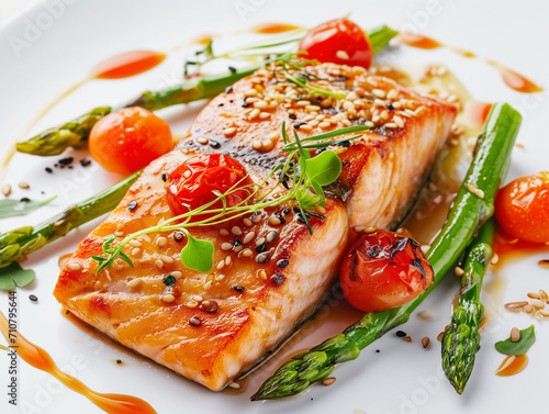 Sesame Salmon with Asparagus and Tomatoes. Healthy Diet, Weight Loss Recipe, Delicious Modern Cuisine. Omega-3 Rich Salmon, Nutrient-Packed Asparagus, and Tomatoes for a Flavorful and Nutritious Meal