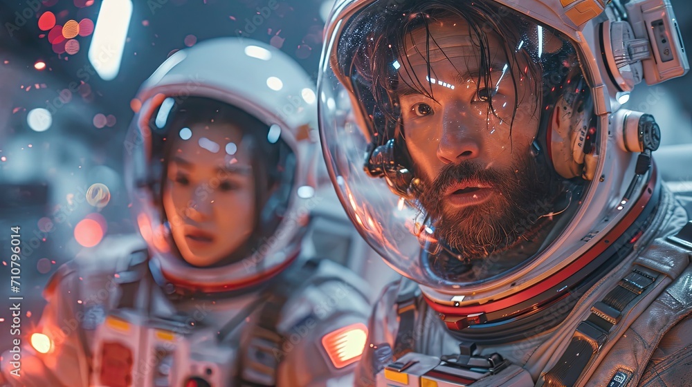 Asian man and woman in spacesuit standing in spaceship. Serious face of a couple in adventure. Generative AI