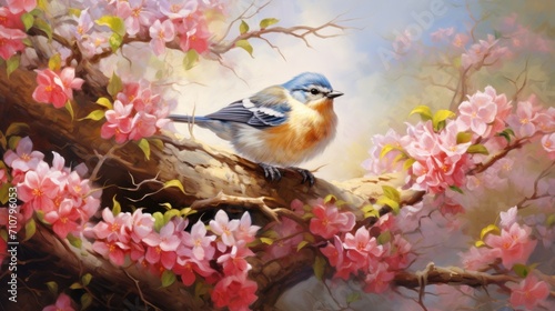  a painting of a bird perched on a branch of a tree with pink flowers in the foreground and a blue sky in the background. © Olga