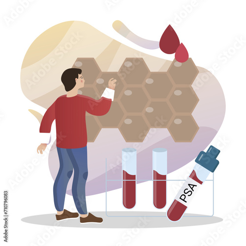 Tumor marker test illustration. Man, cells, blood, test-tube. Editable vector graphic design.