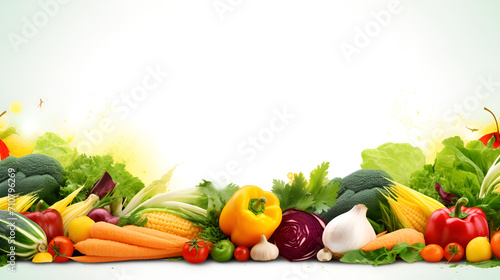 Many different fresh vegetables on white background  top view Flat lay composition with fresh vegetables on white background. Space for text Various fresh vegetables and fruits isolated   