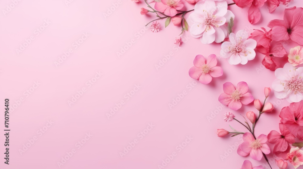 Naklejka premium pink flowers on a pink background with a place for a text or an image with a place for a text or an image with pink flowers on a pink background.