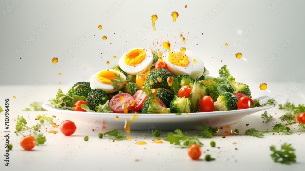 a white bowl filled with broccoli and hard boiled eggs on top of a pile of lettuce. a white bowl filled with broccoli and hard boiled eggs on top of a pile of lettuce.