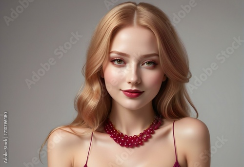Portrait of beautiful young woman with long blond hair and red beads
