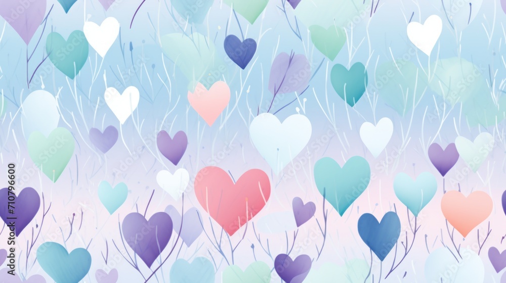  a bunch of heart shaped balloons floating in the air over a field of grass and trees in pastel colors.