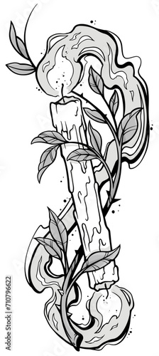 Graphic black and white paraffin or wax lit candle with fire flame and flower stem. Isolated on white background. Vector tattoo icon.