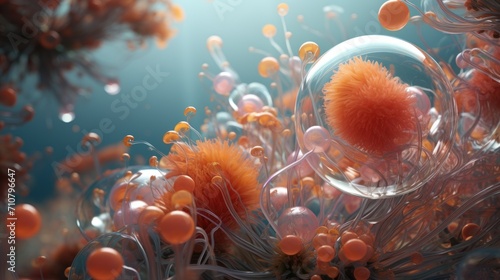  an image of an underwater scene with corals and sea urchins on the bottom of the picture and an orange ball in the middle of the bottom of the picture.