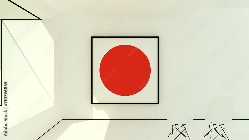 Wall art red circle white room bight sunlight chairs black frame 3d illustration render digital rendering Wall art red circle white room bight sunlight chairs black frame 3d illustration render digital rendering