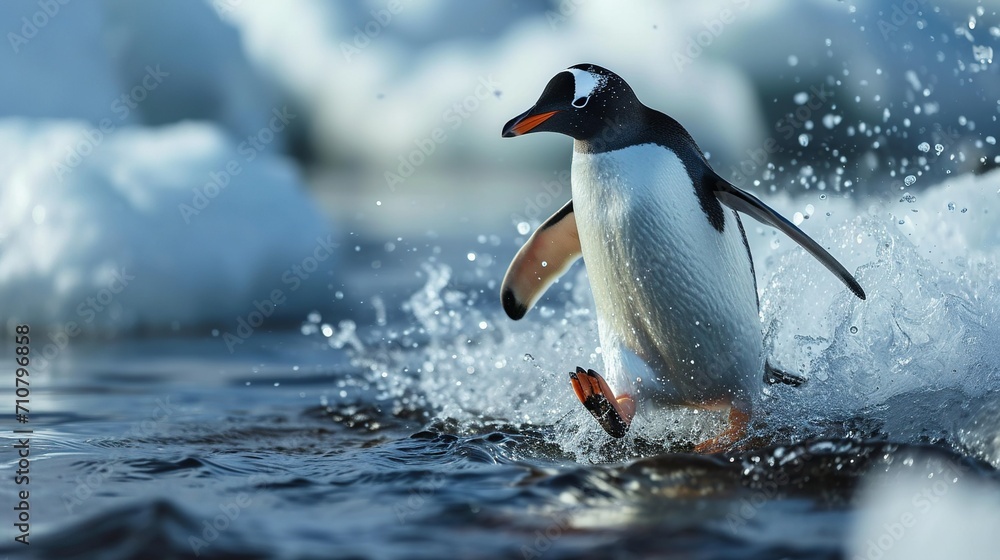 Fototapeta premium A penguin slides on the water, cold nature. Created with Generative Ai technology