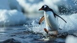 A penguin slides on the water, cold nature. Created with Generative Ai technology