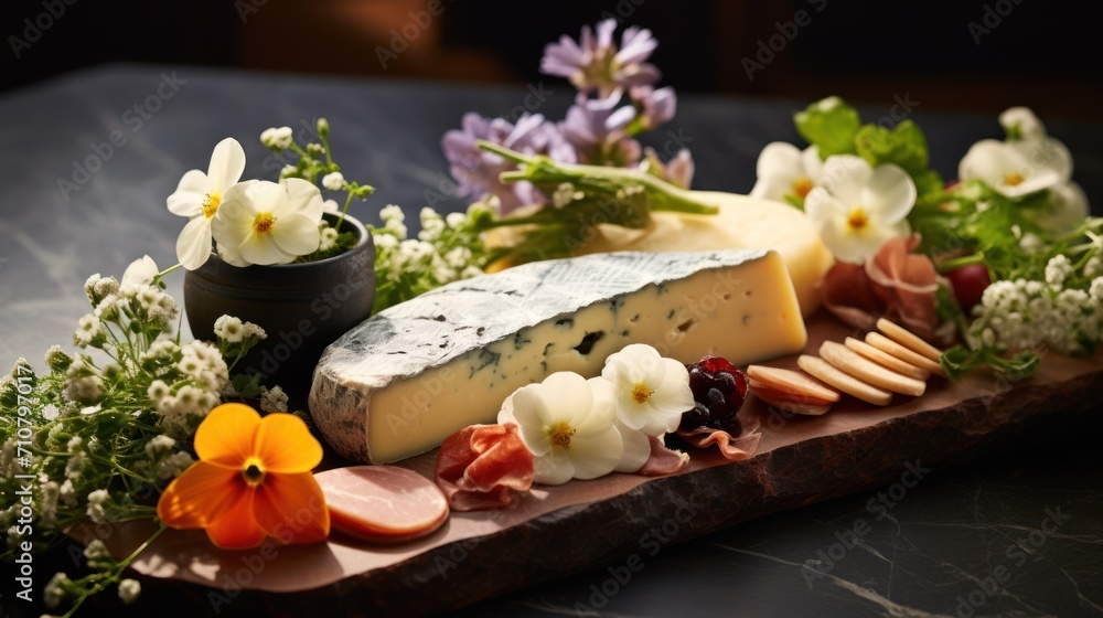 a variety of cheeses and flowers on a wooden board with a black vase of flowers on the side of the board. a variety of cheeses and flowers on a wooden board with a black vase of flowers on the side of the board.