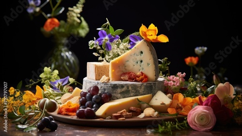  a platter of cheese  grapes  and flowers on a table with a vase of flowers in the background.