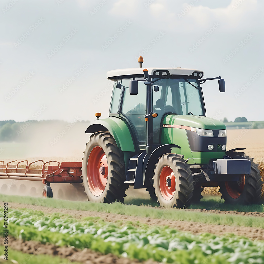 Fototapeta premium A farmer driving a tractor in a field.