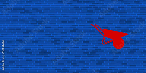 Blue Brick Wall with large red garden wheelbarrow symbol. The symbol is located on the right, on the left there is empty space for your content. Vector illustration on blue background