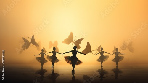  a group of children holding hands in front of a sunset with butterflies flying over them and a woman in a tutu skirt in the foreground.