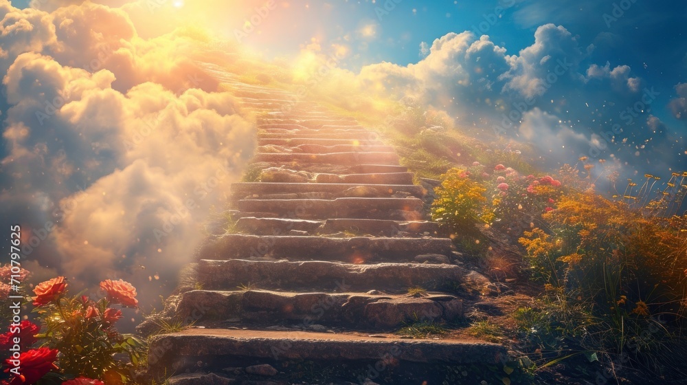 Majestic stairway reaching towards the sky, an ethereal path unveiling a heavenly journey - obrazy, fototapety, plakaty 