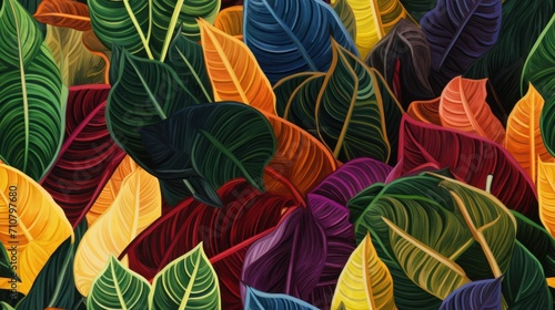  a close up of a painting of a bunch of green and yellow leaves with red  yellow  orange  and green leaves in the background.