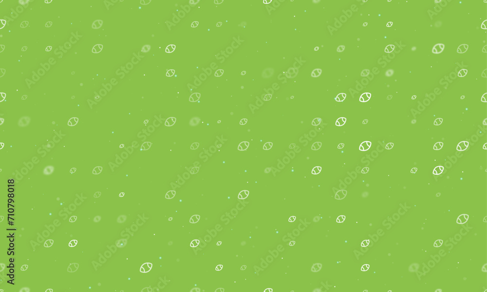 Seamless background pattern of evenly spaced white rugby symbols of different sizes and opacity. Vector illustration on light green background with stars