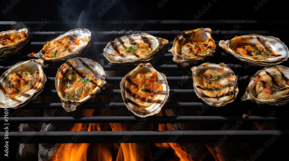  a bunch of oysters on a grill with a fire in the middle of the grill and a bunch of other oysters on the grill.