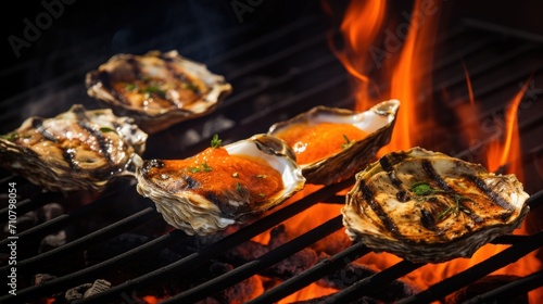  grilled oysters being cooked on a grill with a fire in the backgrounge of the grill.