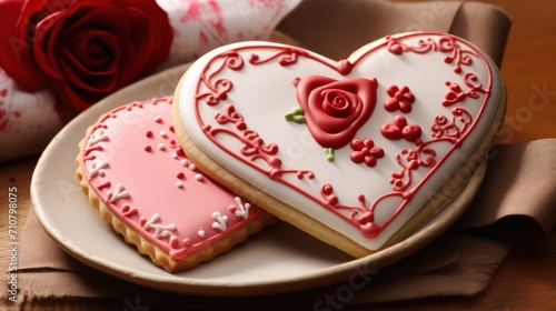  two heart shaped cookies sitting on a plate next to a vase of red roses and a vase of red roses.