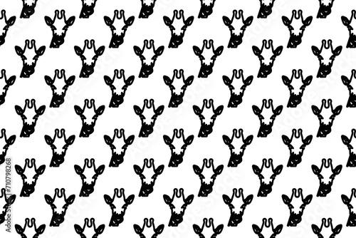 Seamless pattern completely filled with outlines of giraffe head symbols. Elements are evenly spaced. Illustration on transparent background