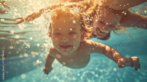 Cute smiling baby and mom having fun swimming and diving in the pool at the resort on summer vacation. Activities and sports to happy kid, family, holiday, © pinkrabbit