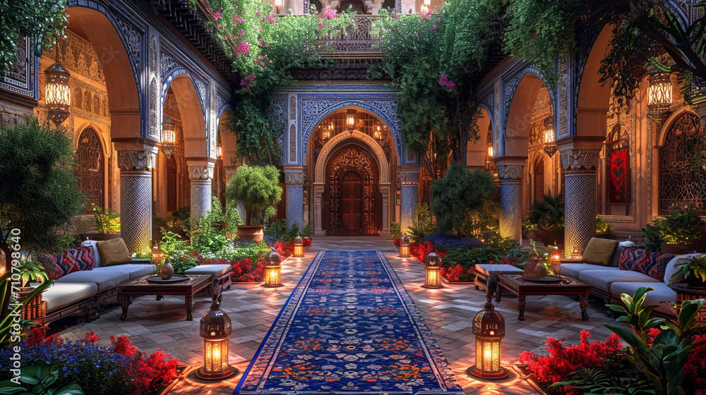 Obraz premium An ornate courtyard of a historic mosque, surrounded by intricately tiled archways and lush gardens, the soft glow of lanterns enhancing the timeless beauty and spiritual tranquili