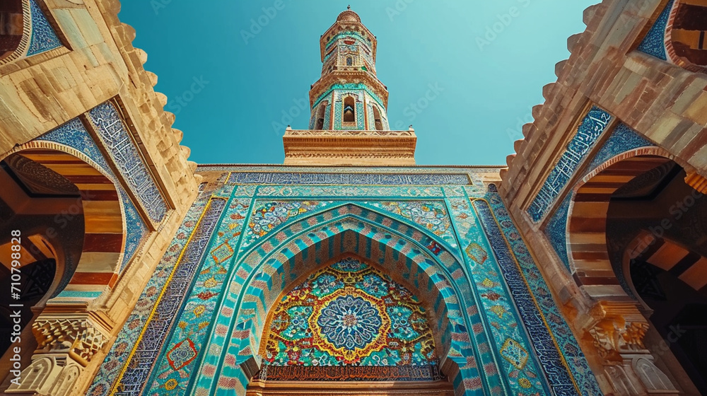 Obraz premium An enchanting view of a mosque's minaret reaching towards the heavens, with the intricate detailing of the calligraphy and geometric patterns creating a visually stunning focal poi