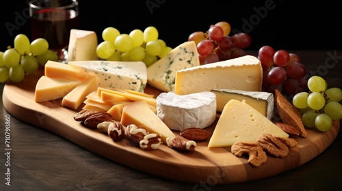  a variety of cheeses, nuts, and grapes on a wooden platter with a glass of wine in the background.