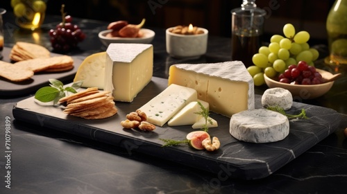  a platter of cheese, crackers, grapes, nuts, and crackers on a marble platter.