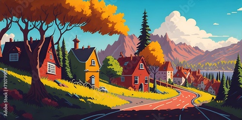 Quiet town with colorful trees. Cartoon style. AI generated illustration