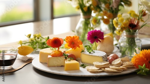  a plate of cheese, crackers, and flowers on a table with a vase of flowers in the background.