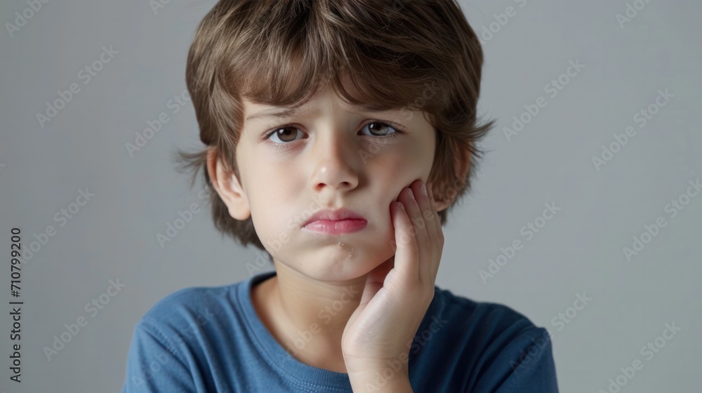 little boy presses hand to cheek, suffers from pain in tooth isolated on gray studio background. Teeth decay, dental problems, child emotions and facial expression little boy presses hand to cheek, suffers from pain in tooth isolated on gray studio background. Teeth decay, dental problems, child emotions and facial expression